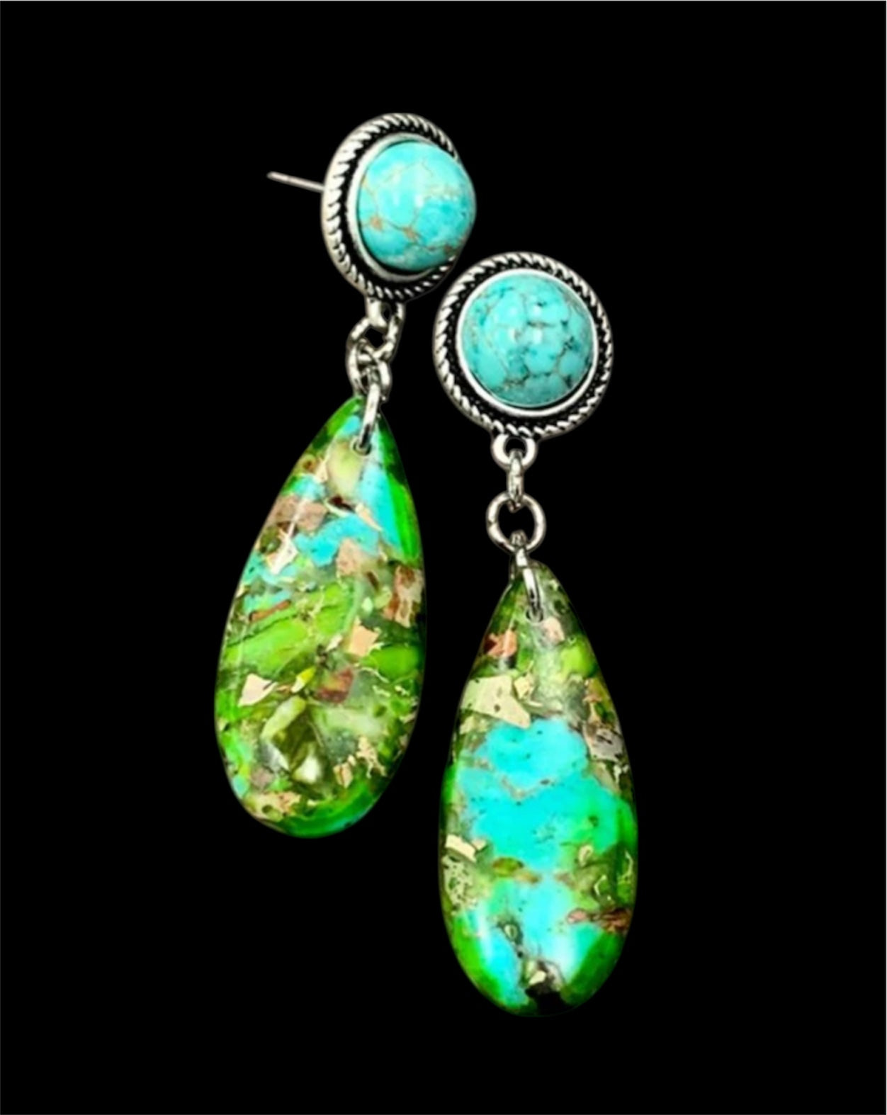 2.2" Long Gemstone Turquoise Post Earrings, Handmade Western Boho Cowgirl Earrings, Lightweight Nickel Free(722424)