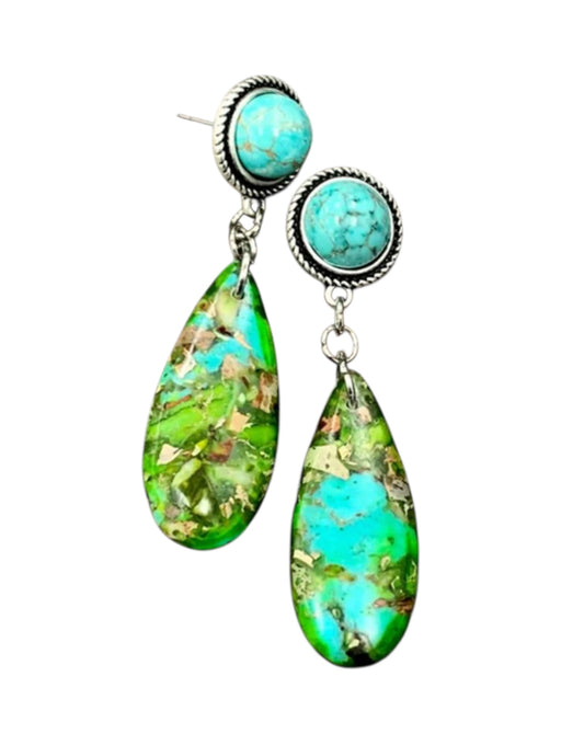 2.2" Long Gemstone Turquoise Post Earrings, Handmade Western Boho Cowgirl Earrings, Lightweight Nickel Free(722424)