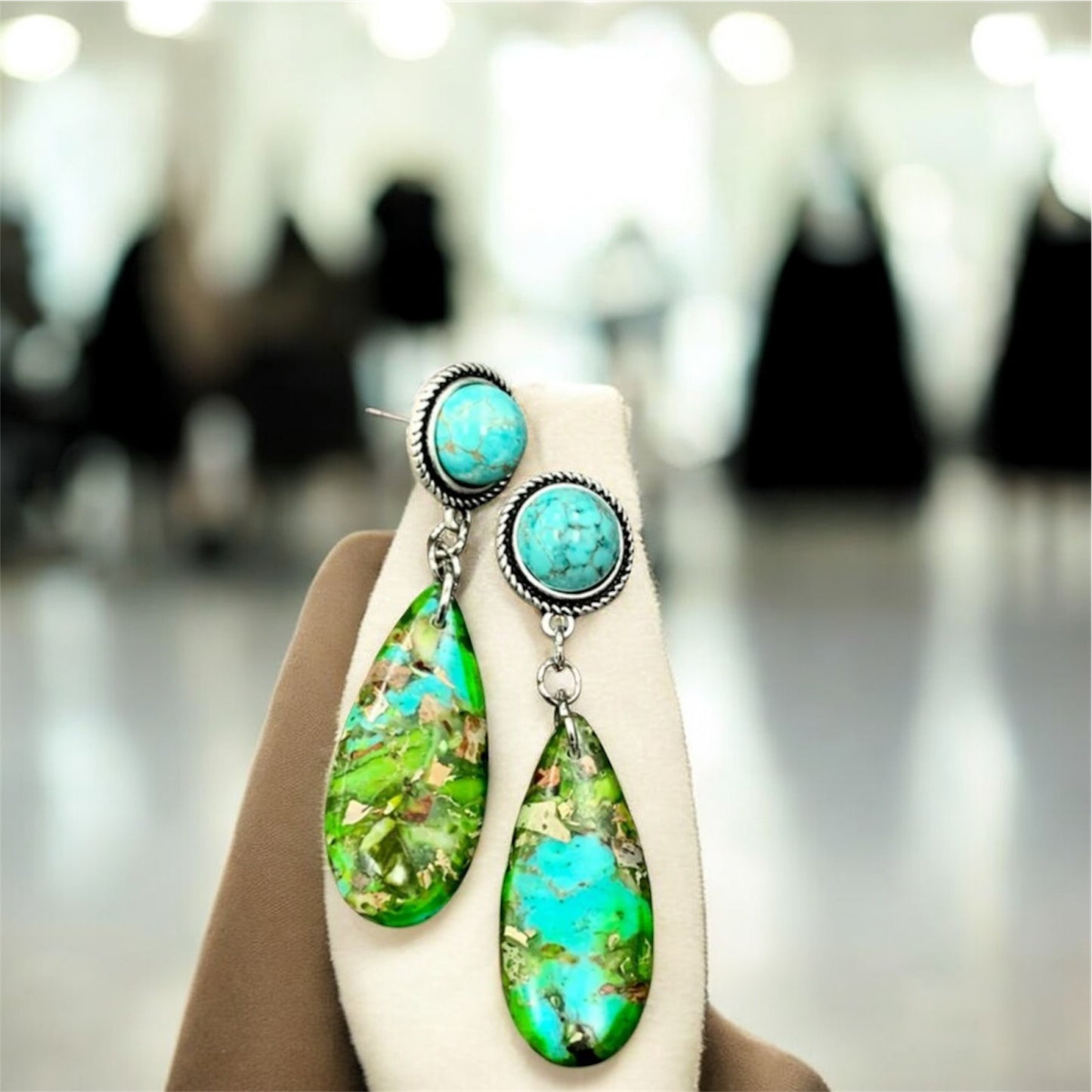 2.2" Long Gemstone Turquoise Post Earrings, Handmade Western Boho Cowgirl Earrings, Lightweight Nickel Free(722424)