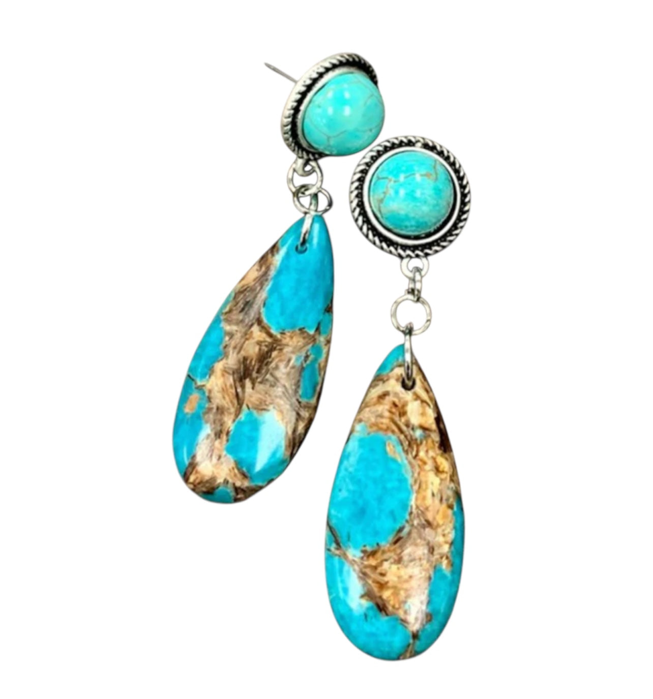 2.2" Long Gemstone Turquoise Post Earrings, Western Boho Cowgirl Handmade Earrings, Lightweight Nickel Free(722424)