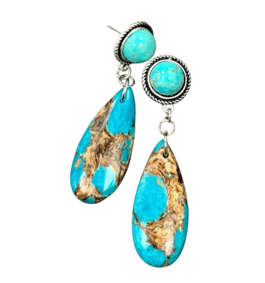 2.2" Long Gemstone Turquoise Post Earrings, Western Boho Cowgirl Handmade Earrings, Lightweight Nickel Free(722424)