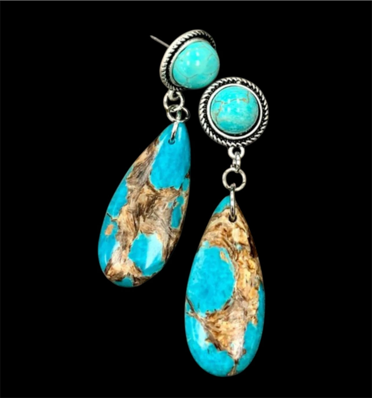 2.2" Long Gemstone Turquoise Post Earrings, Western Boho Cowgirl Handmade Earrings, Lightweight Nickel Free(722424)