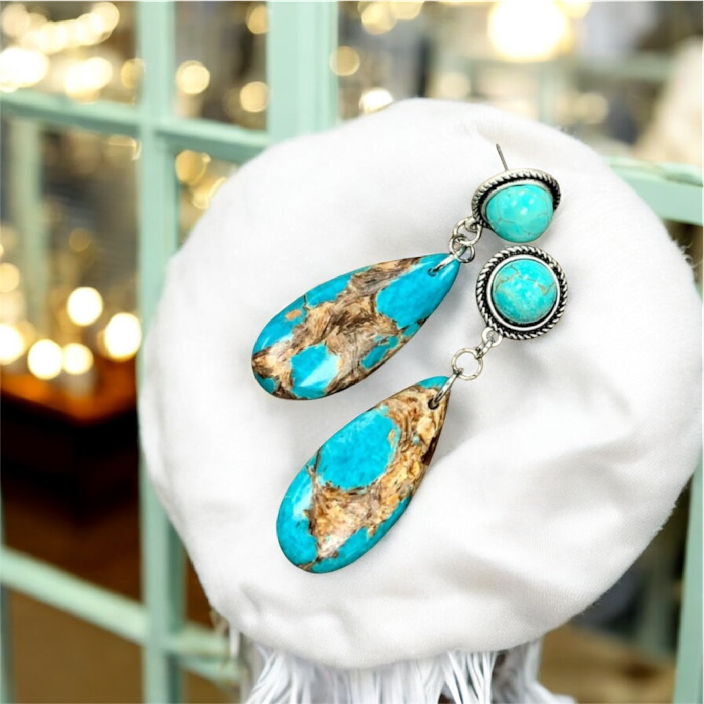 2.2" Long Gemstone Turquoise Post Earrings, Western Boho Cowgirl Handmade Earrings, Lightweight Nickel Free(722424)