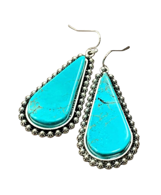 Big 1.8" Long Turquoise Drop Earrings, Western Boho Cowgirl Statement Earrings, Antique Silver Plate, Nickel Free(722949)