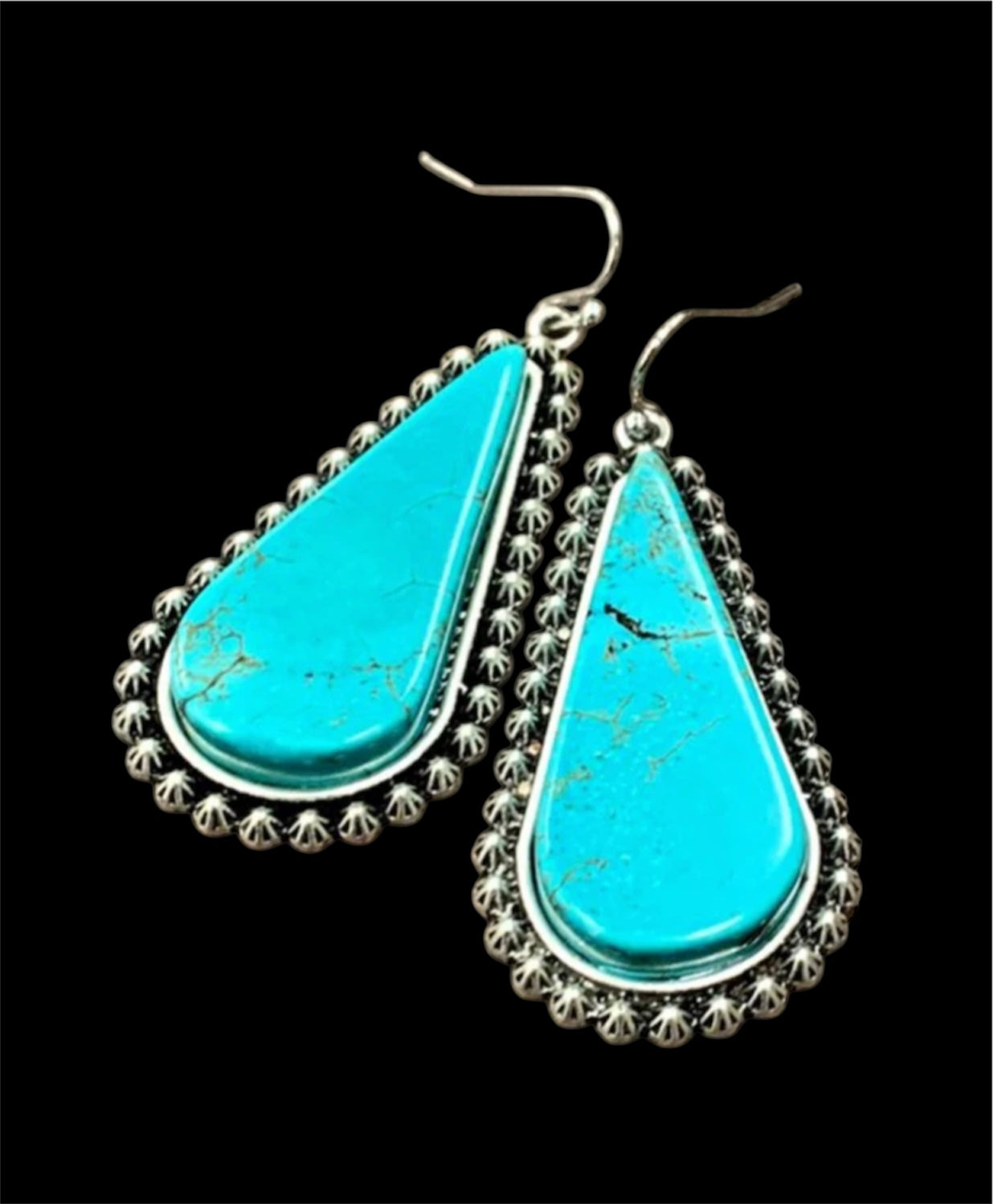 Big 1.8" Long Turquoise Drop Earrings, Western Boho Cowgirl Statement Earrings, Antique Silver Plate, Nickel Free(722949)