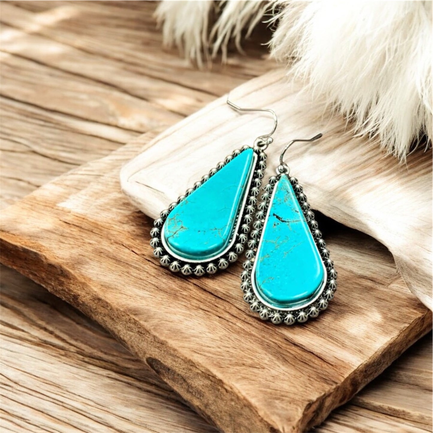 Big 1.8" Long Turquoise Drop Earrings, Western Boho Cowgirl Statement Earrings, Antique Silver Plate, Nickel Free(722949)