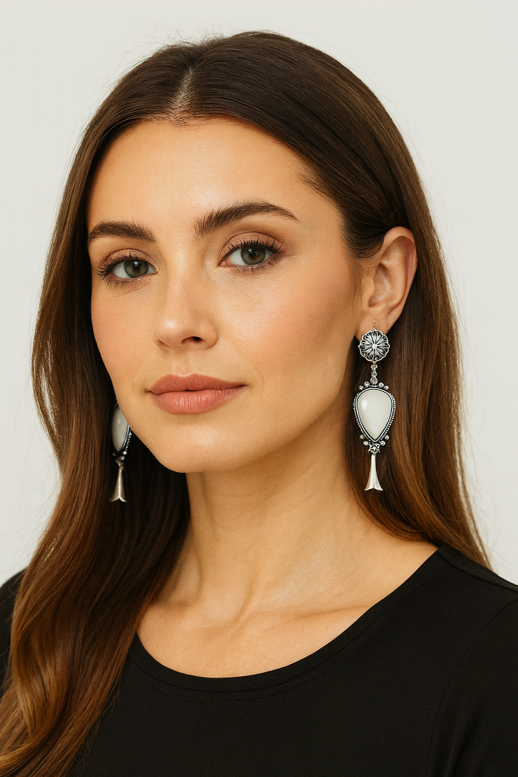 Big! 3.7" Long Squash Blossom Turquoise Brass Earrings 723265