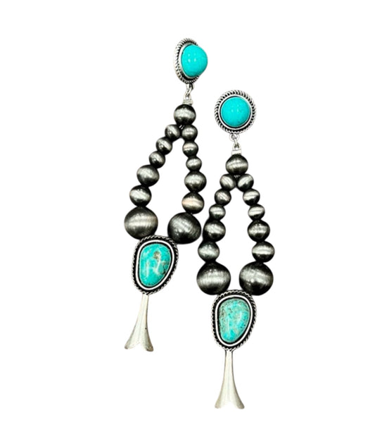 Handmade Graduated Navajo Bead Squash Blossom Turquoise Post Earrings 723429