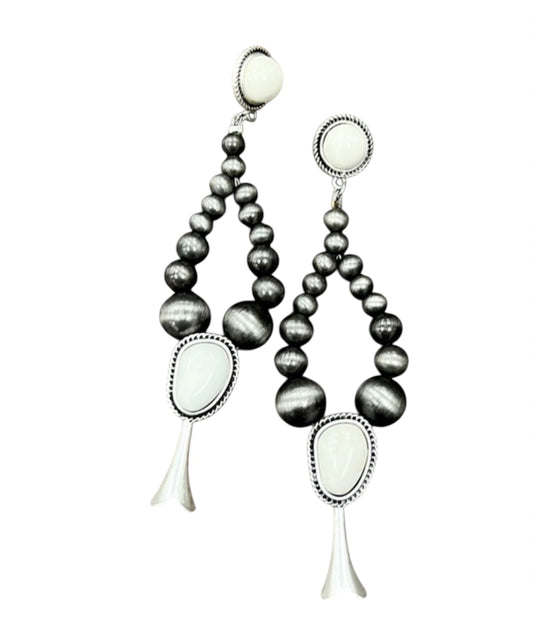 Handmade Graduated Navajo Bead Squash Blossom White Turquoise Post Earrings 723430