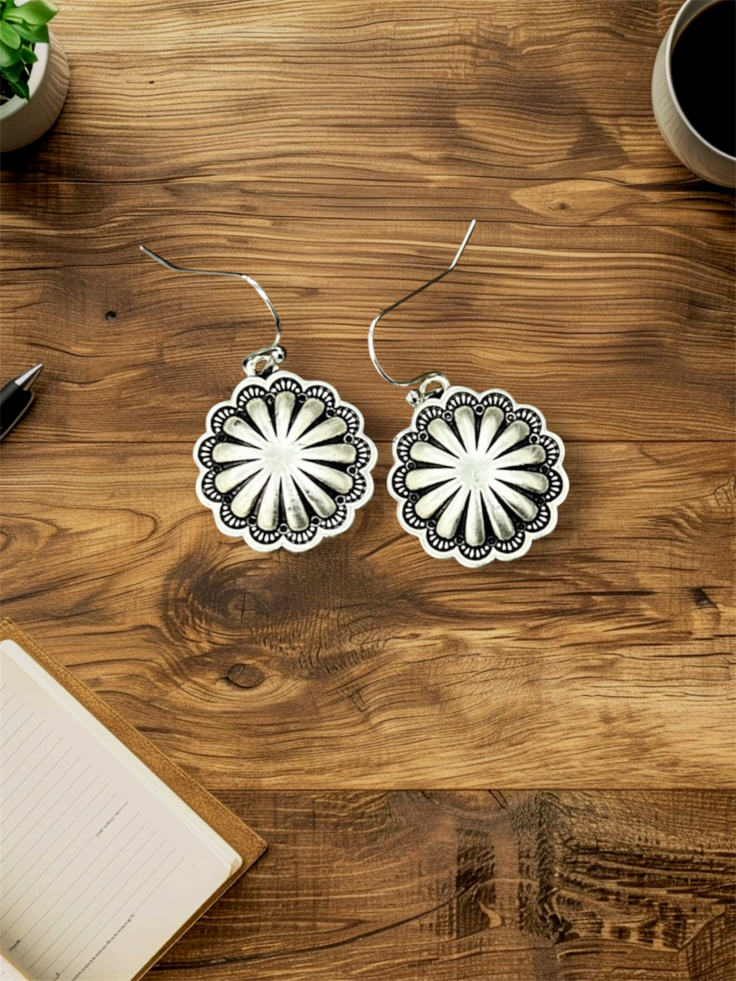 0.8" Long, Lightweight Brass Concho Earrings – Western Style, Fish Hook, Hypoallergenic 723870