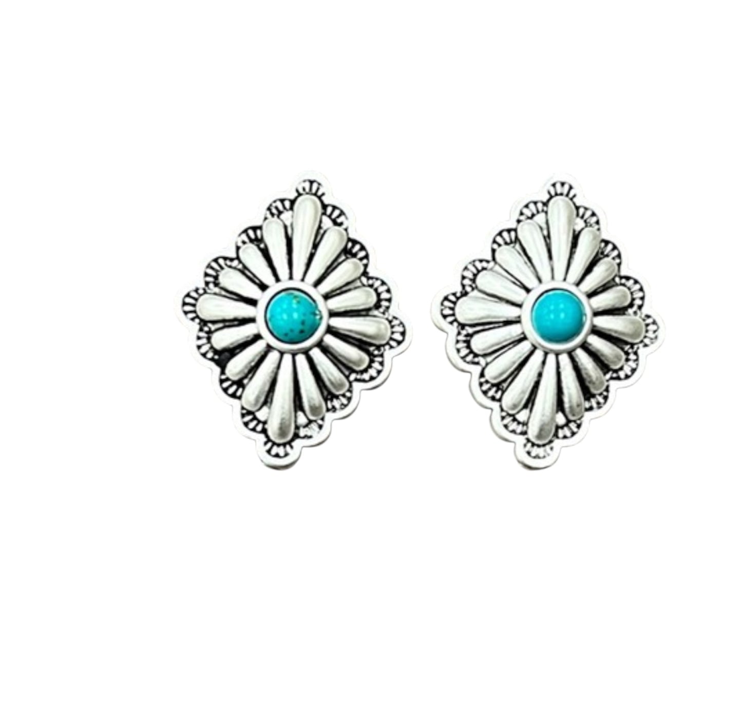 1" Long, Brass Concho Turquoise Stud Earrings – Western Style, Lightweight, Hypoallergenic 724559