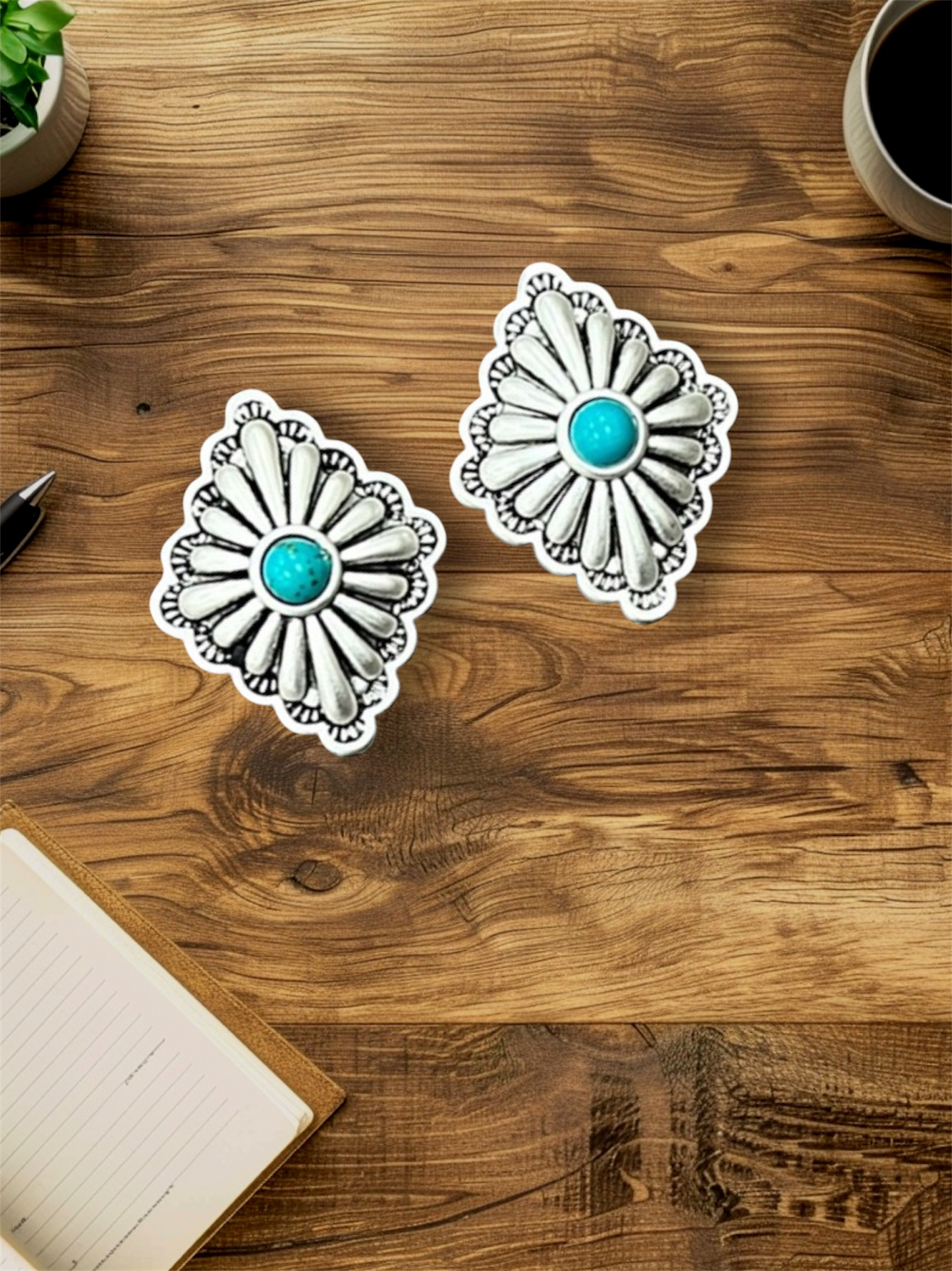 1" Long, Brass Concho Turquoise Stud Earrings – Western Style, Lightweight, Hypoallergenic 724559