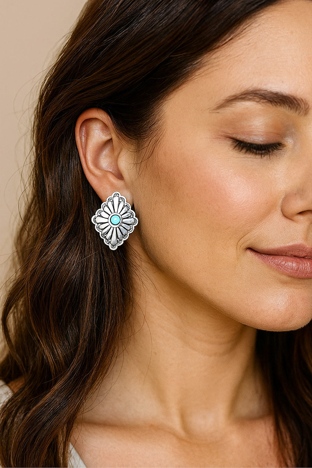 1" Long, Brass Concho Turquoise Stud Earrings – Western Style, Lightweight, Hypoallergenic 724559