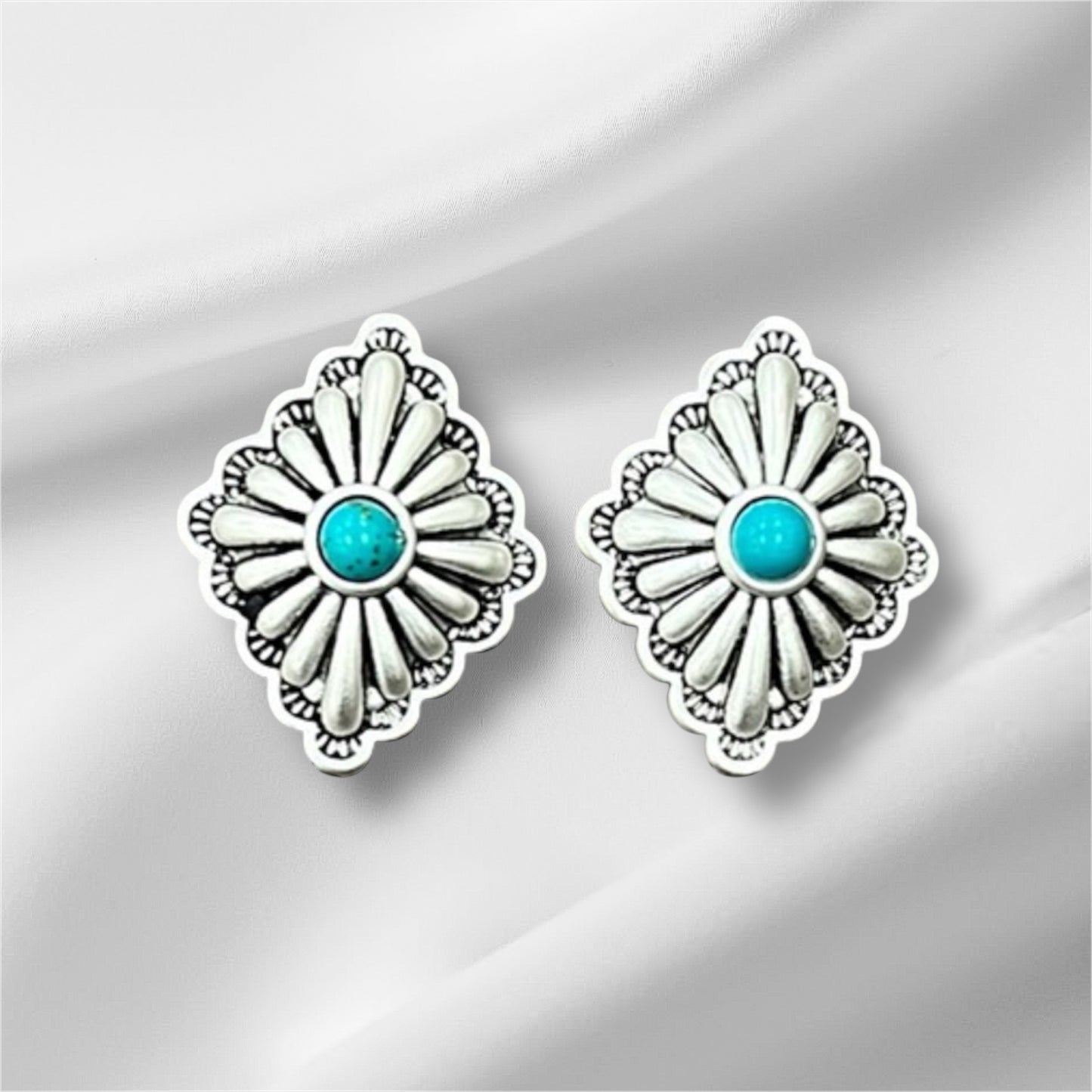 1" Long, Brass Concho Turquoise Stud Earrings – Western Style, Lightweight, Hypoallergenic 724559