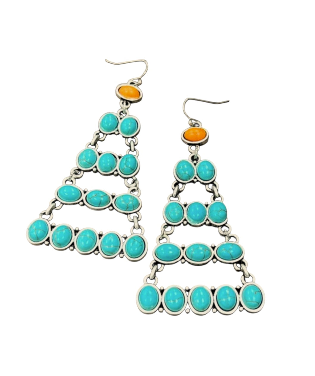 Big! 3" Long, Navajo Synthetic Turquoise Earrings – Western Boho Style, Antique Silver Plate(724677)