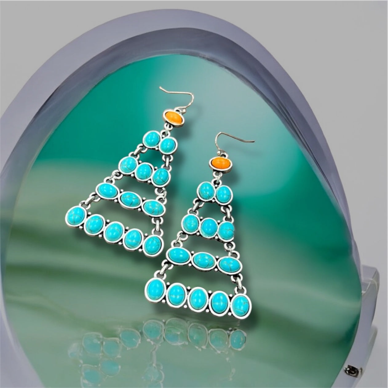 Big! 3" Long, Navajo Synthetic Turquoise Earrings – Western Boho Style, Antique Silver Plate(724677)