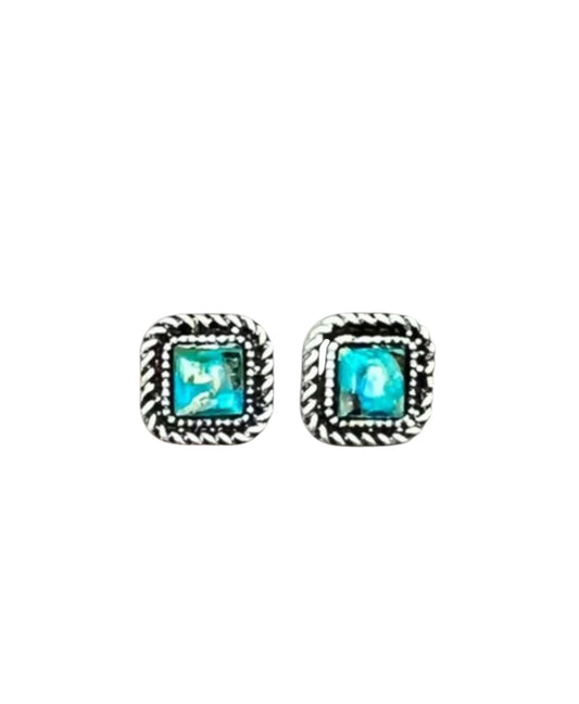 Small 0.45" Long 6mm Square Gemstone Stud Earrings, Handmade Antique Silver Plate, Western Boho Minimal Turquoise Style, Nickel Free(724875)