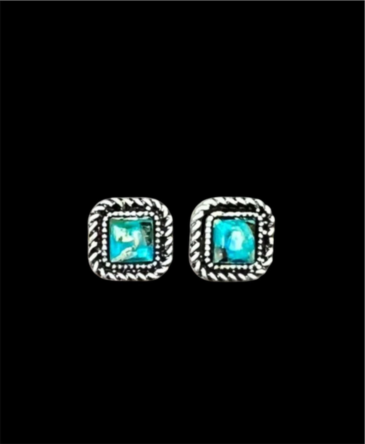 Small 0.45" Long 6mm Square Gemstone Stud Earrings, Handmade Antique Silver Plate, Western Boho Minimal Turquoise Style, Nickel Free(724875)