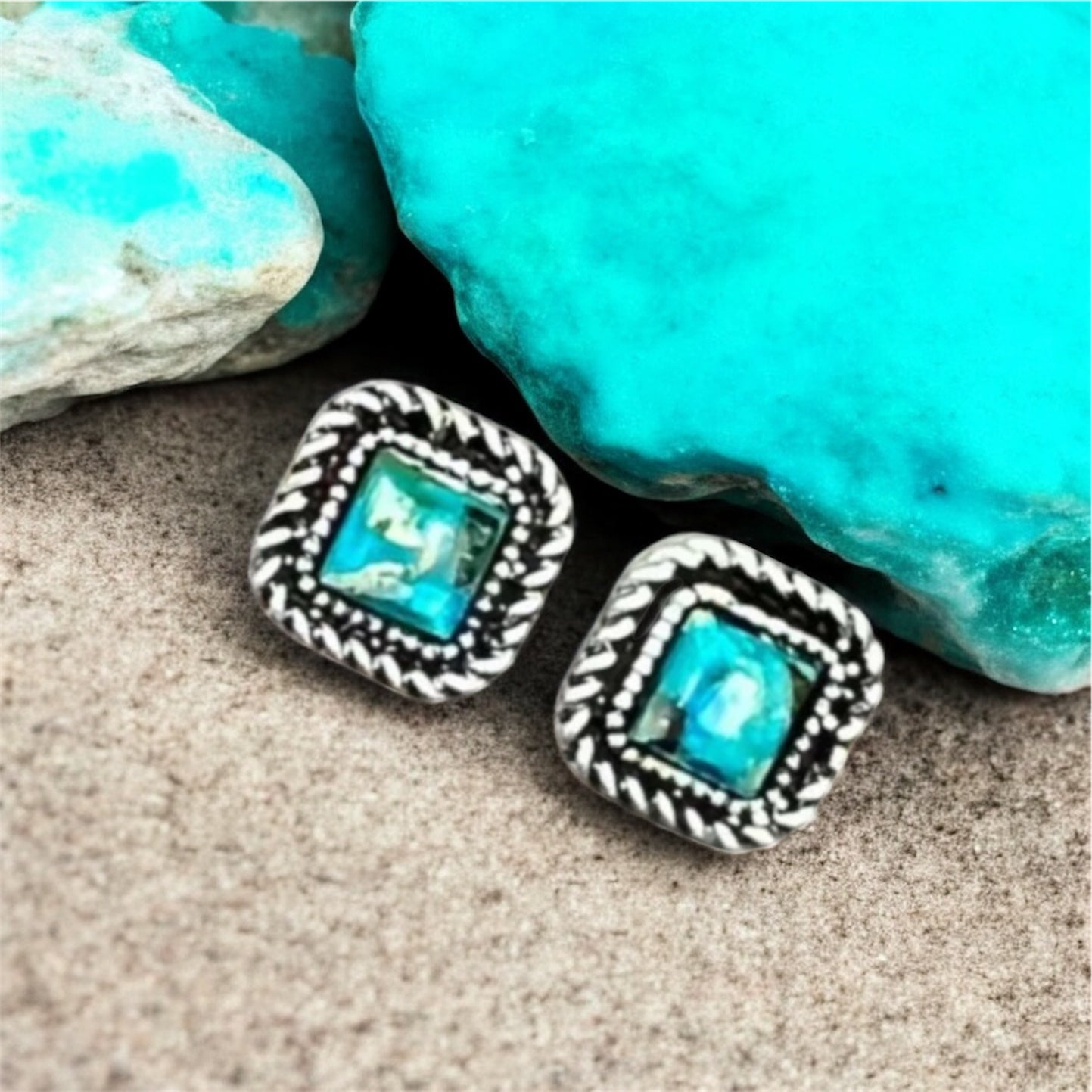 Small 0.45" Long 6mm Square Gemstone Stud Earrings, Handmade Antique Silver Plate, Western Boho Minimal Turquoise Style, Nickel Free(724875)