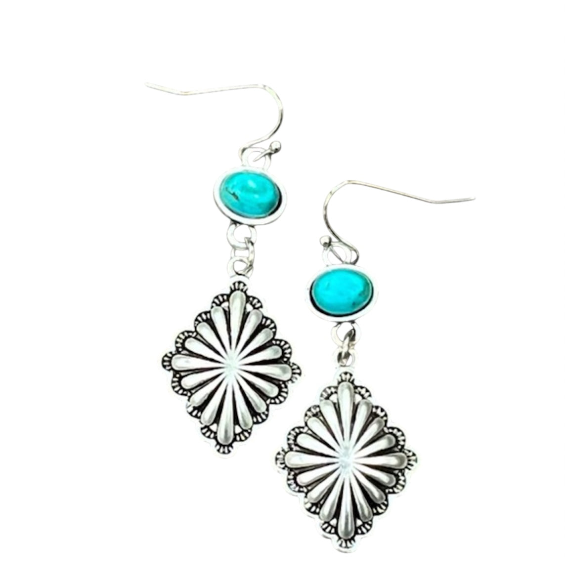 1.5" Brass Concho & Turquoise Earrings, Western Dangle Earrings, Lightweight Natural Stone 724976Jewelry, Fish Hook Style