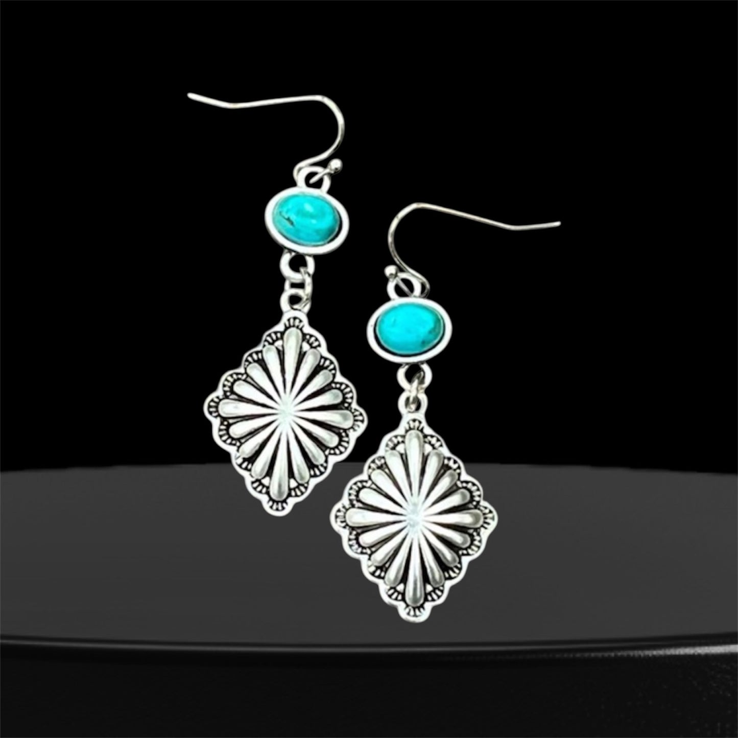 1.5" Brass Concho & Turquoise Earrings, Western Dangle Earrings, Lightweight Natural Stone 724976Jewelry, Fish Hook Style