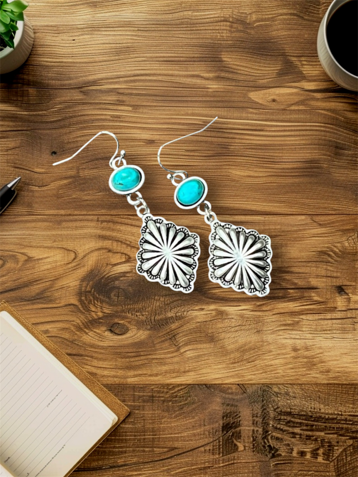 1.5" Brass Concho & Turquoise Earrings, Western Dangle Earrings, Lightweight Natural Stone 724976Jewelry, Fish Hook Style