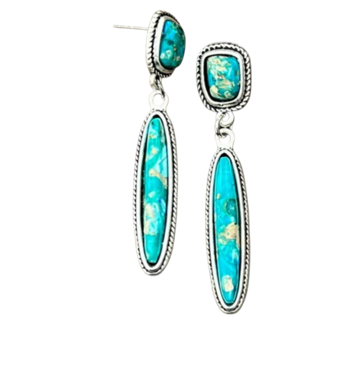 2.2" Long Gemstone Post Earrings, Western Boho Cowgirl Statement Earrings, Antique Silver Plate, Nickel Fre(725208)