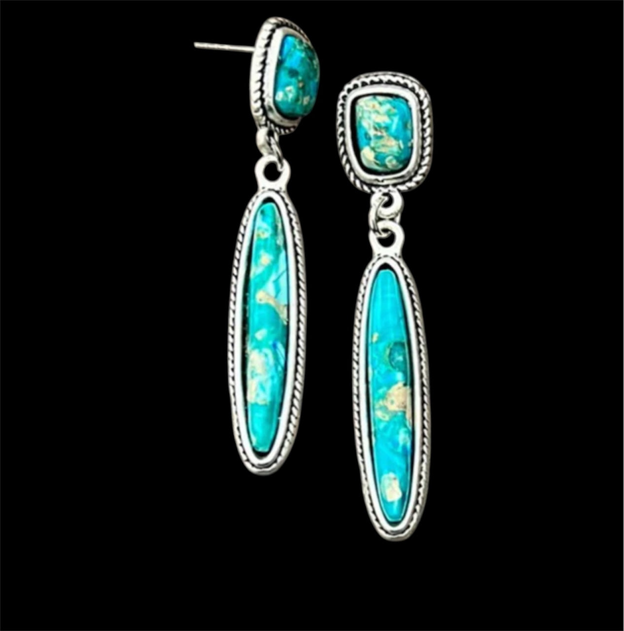 2.2" Long Gemstone Post Earrings, Western Boho Cowgirl Statement Earrings, Antique Silver Plate, Nickel Fre(725208)