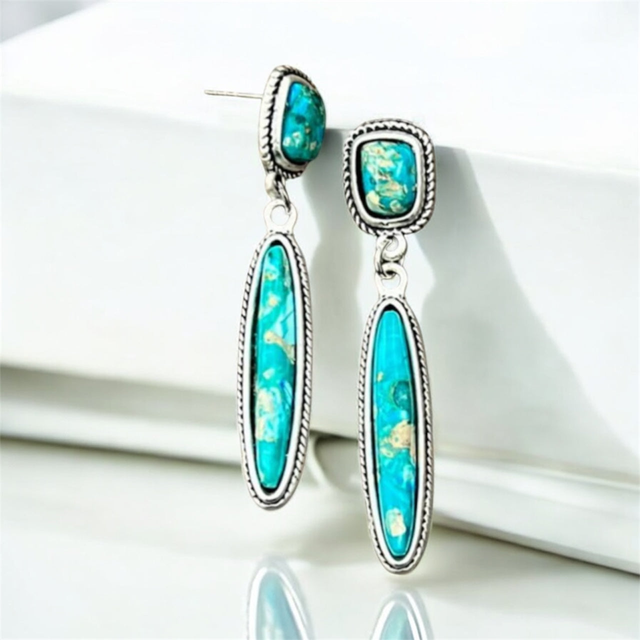 2.2" Long Gemstone Post Earrings, Western Boho Cowgirl Statement Earrings, Antique Silver Plate, Nickel Fre(725208)