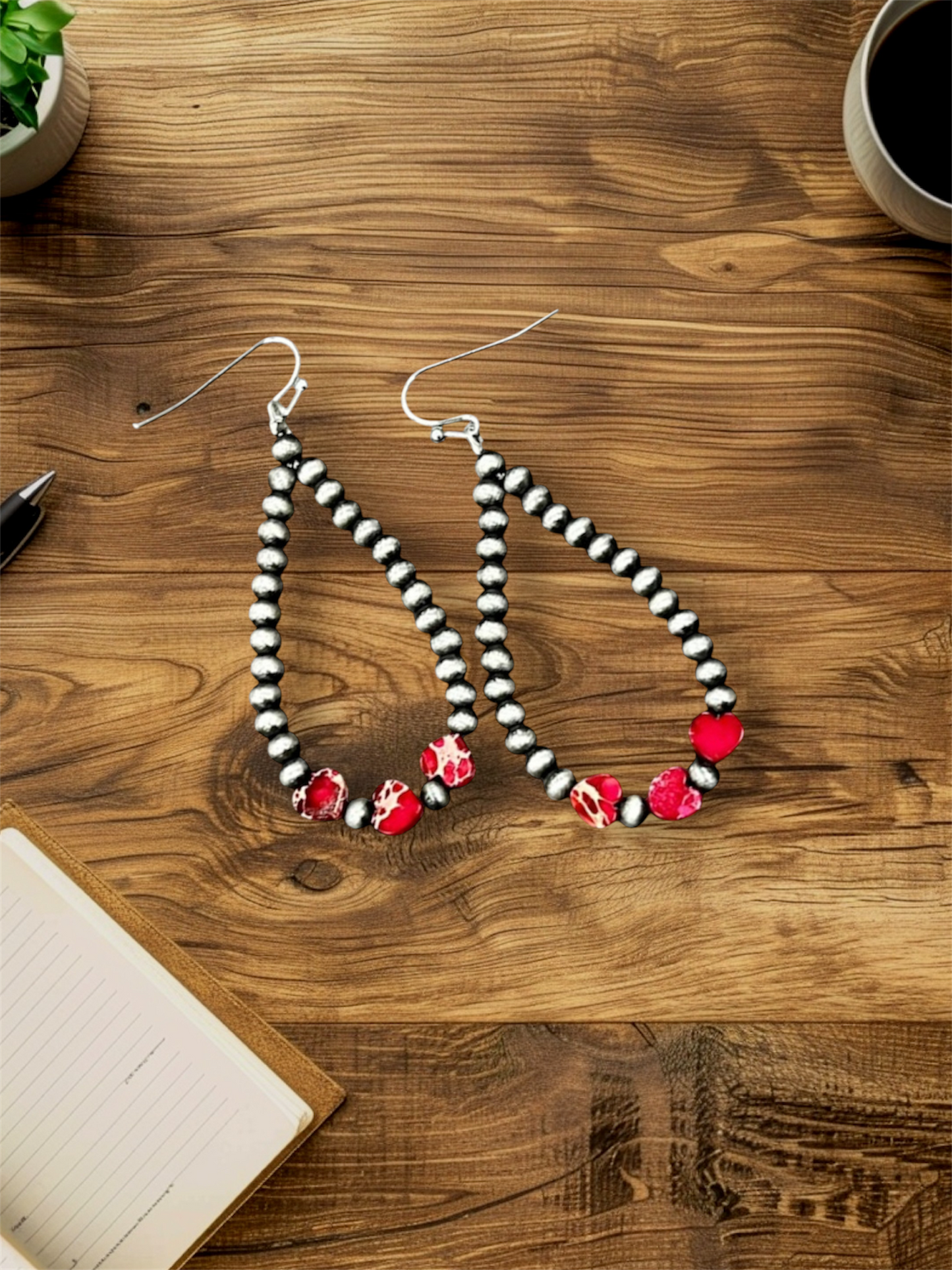 2" Long, Handmade 6mm Heart Gemstone & Navajo Bead Earrings – Lightweight, Western Jewelry, Hypoallergenic 726194