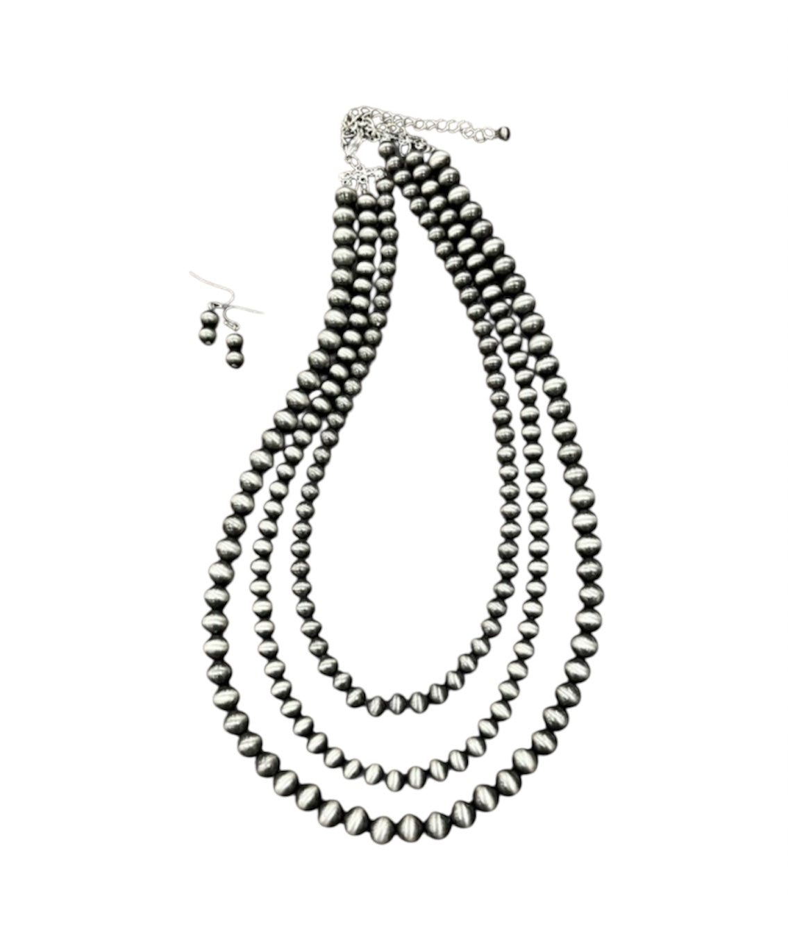 24"–29" Long, Handmade 3-Strand Navajo Bead Necklace and Earrings Set, Western Boho Cowgirl Jewelry, Silver Layered Bead Set 731104