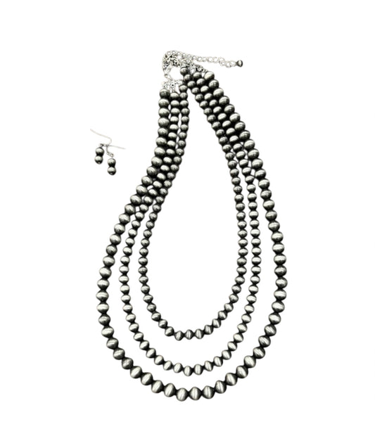 24"–29" Long, Handmade 3-Strand Navajo Bead Necklace and Earrings Set, Western Boho Cowgirl Jewelry, Silver Layered Bead Set 731104
