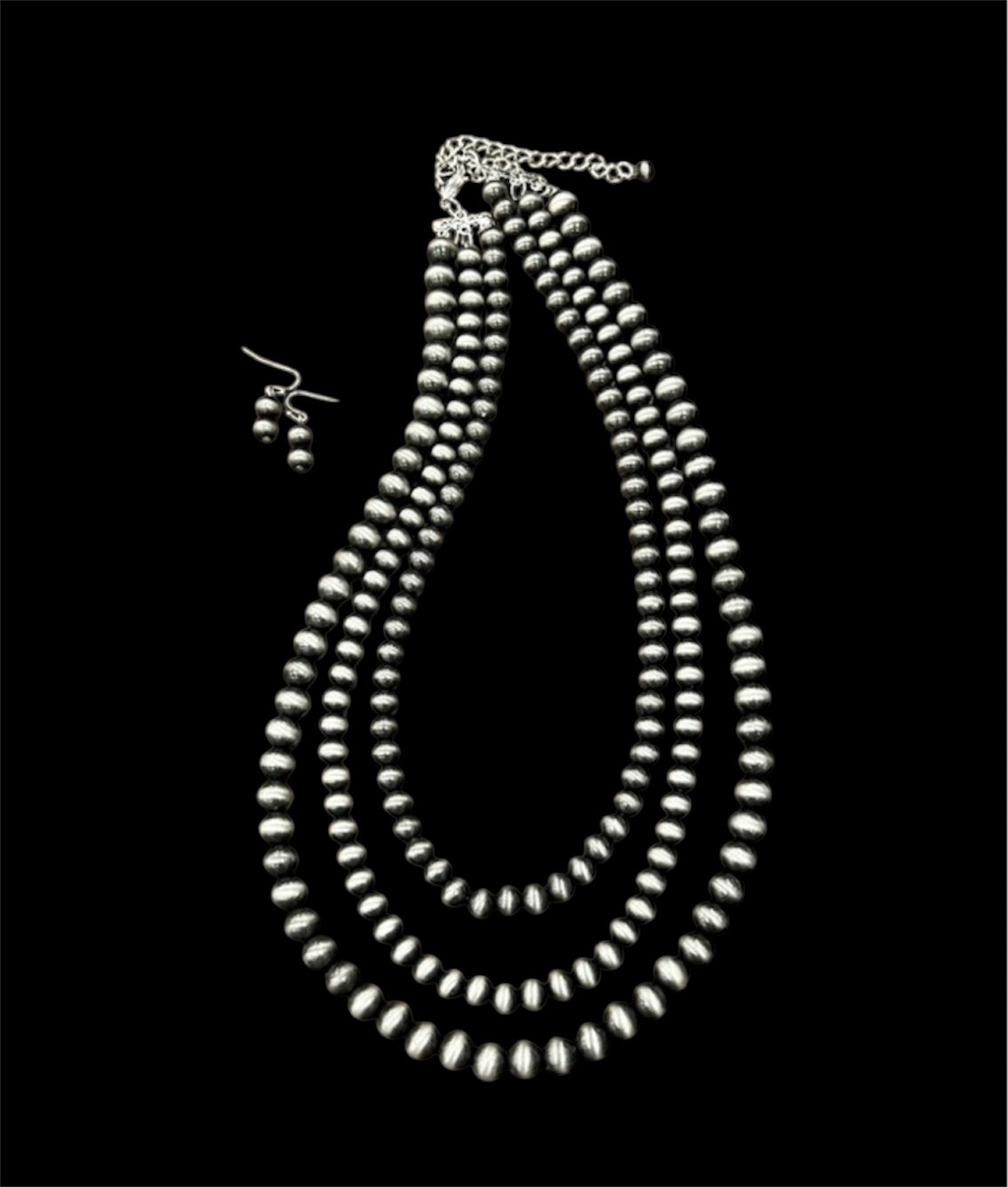 24"–29" Long, Handmade 3-Strand Navajo Bead Necklace and Earrings Set, Western Boho Cowgirl Jewelry, Silver Layered Bead Set 731104