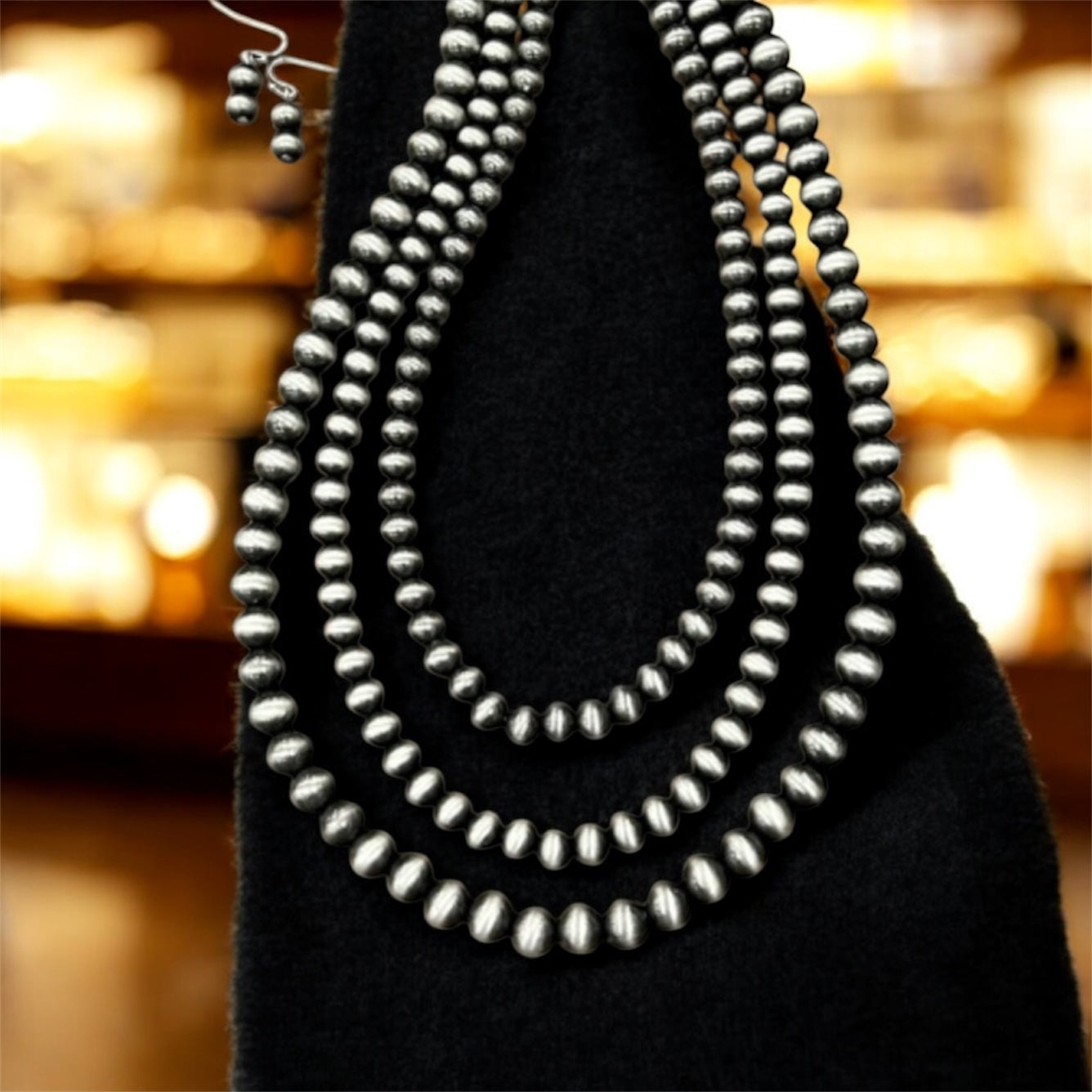 24"–29" Long, Handmade 3-Strand Navajo Bead Necklace and Earrings Set, Western Boho Cowgirl Jewelry, Silver Layered Bead Set 731104