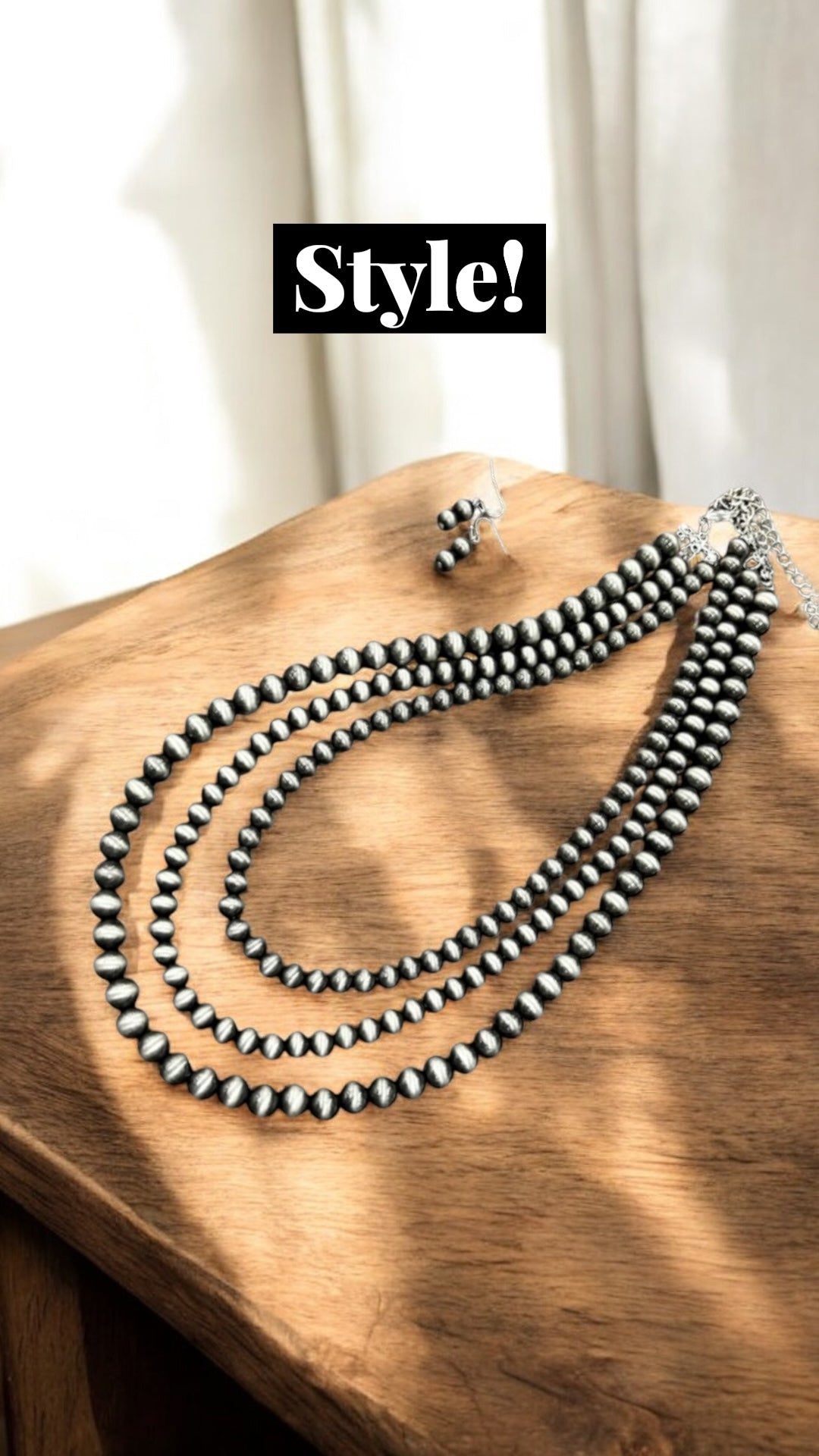 24"–29" Long, Handmade 3-Strand Navajo Bead Necklace and Earrings Set, Western Boho Cowgirl Jewelry, Silver Layered Bead Set 731104