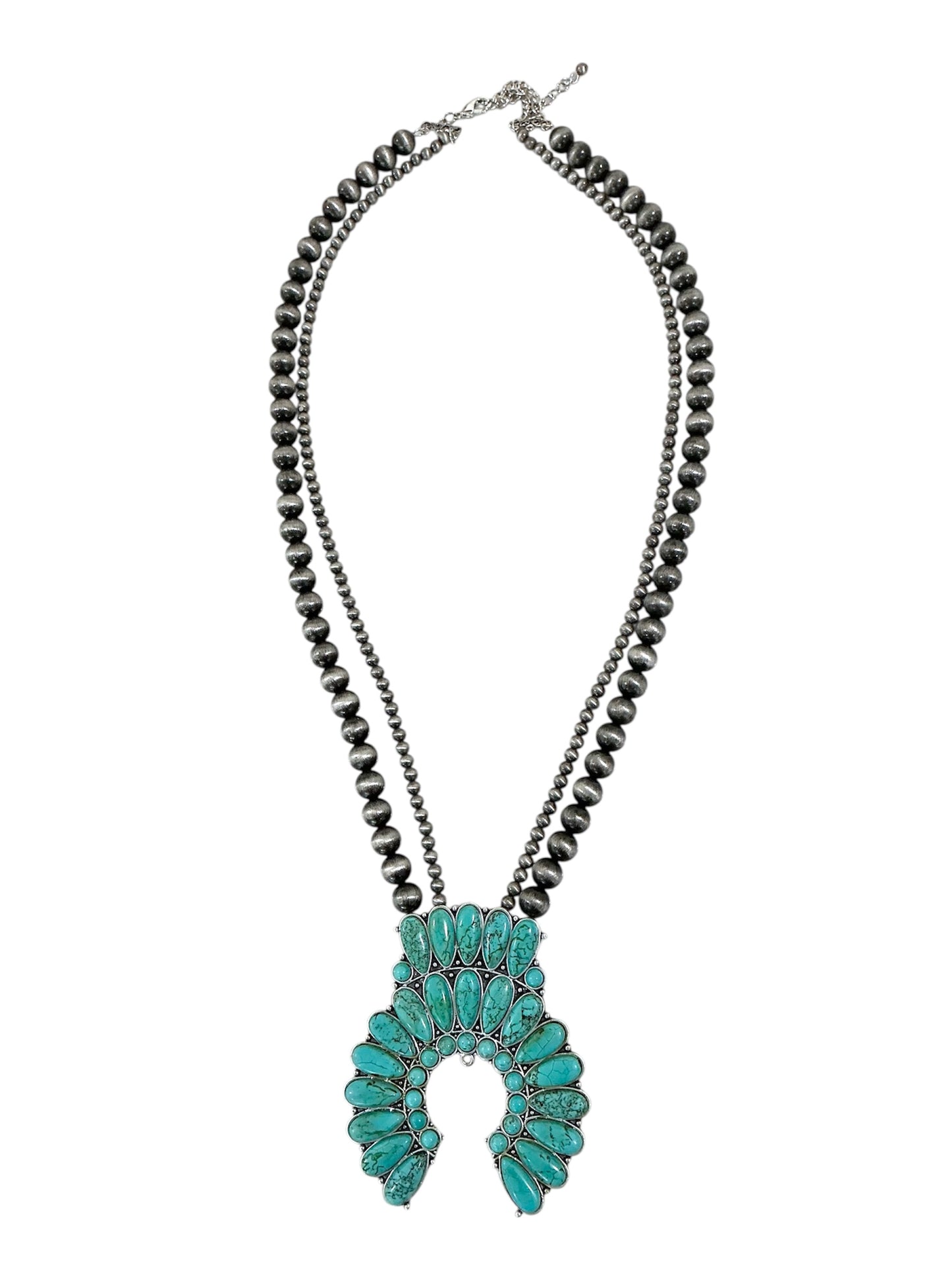 30" to 35" Long, Handmade Monster Size Squash Blossom Turquoise & Navajo Bead Necklace 731132