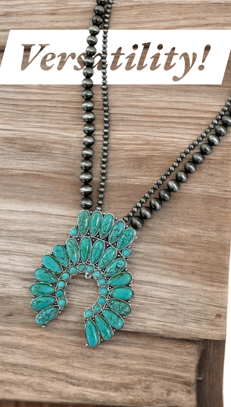 30" to 35" Long, Handmade Monster Size Squash Blossom Turquoise & Navajo Bead Necklace 731132