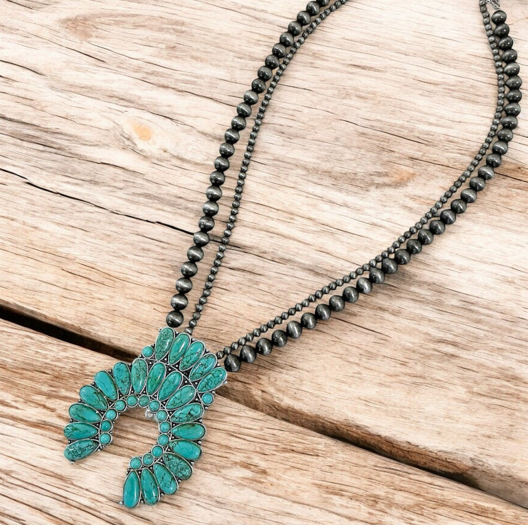 30" to 35" Long, Handmade Monster Size Squash Blossom Turquoise & Navajo Bead Necklace 731132