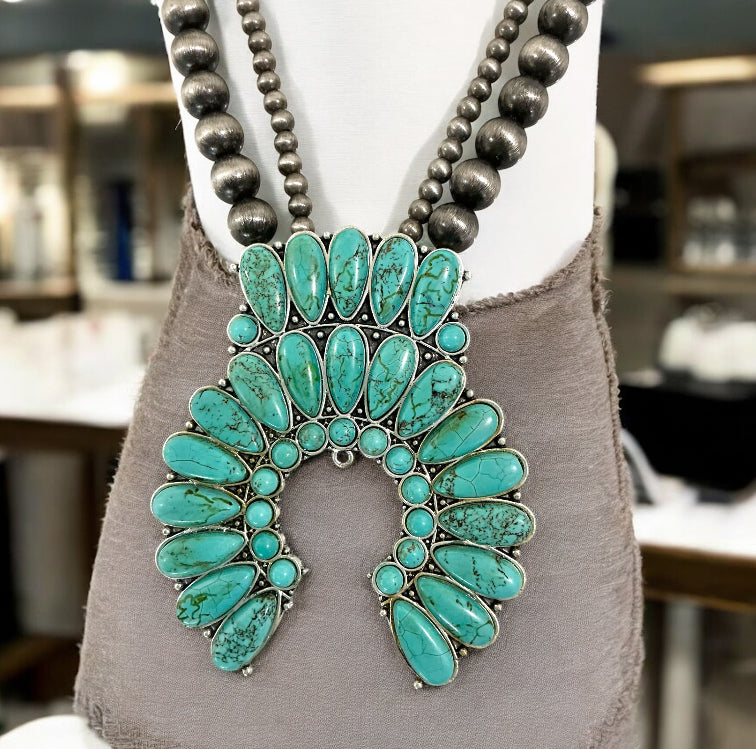 30" to 35" Long, Handmade Monster Size Squash Blossom Turquoise & Navajo Bead Necklace 731132