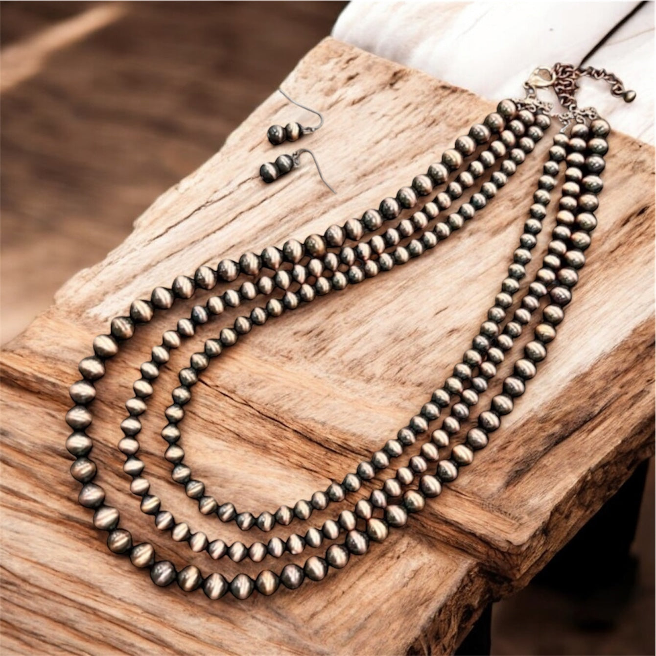 Handmade 3-Strand Copper Navajo Bead Necklace and Earrings Set, Western Boho Cowgirl Jewelry, Layered Copper Bead Necklace Set731151