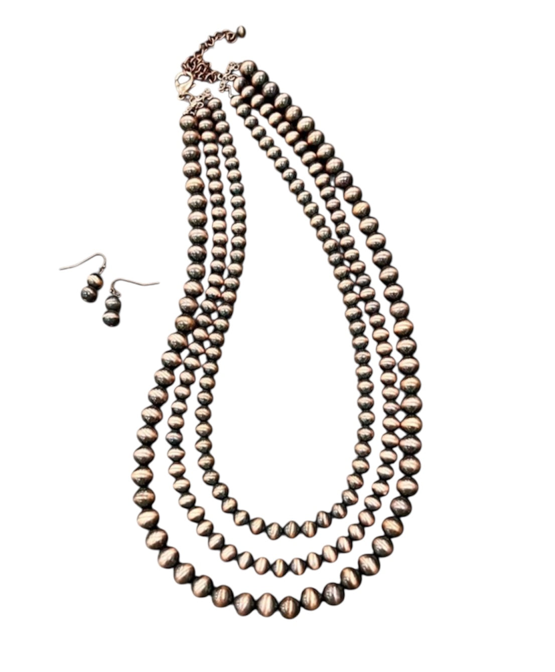 Handmade 3-Strand Copper Navajo Bead Necklace and Earrings Set, Western Boho Cowgirl Jewelry, Layered Copper Bead Necklace Set731151