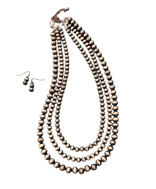 Handmade 3-Strand Copper Navajo Bead Necklace and Earrings Set, Western Boho Cowgirl Jewelry, Layered Copper Bead Necklace Set731151