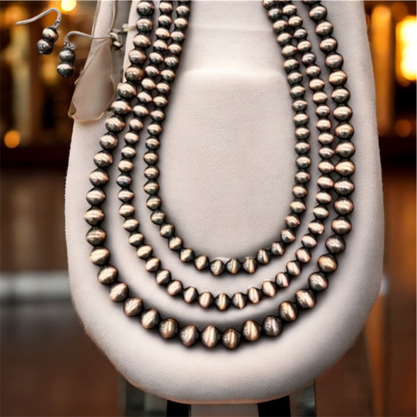 Handmade 3-Strand Copper Navajo Bead Necklace and Earrings Set, Western Boho Cowgirl Jewelry, Layered Copper Bead Necklace Set731151