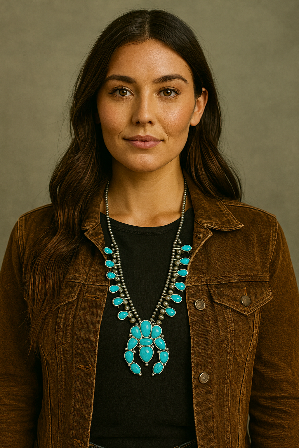 30" Handmade Full Squash Blossom Turquoise Necklace – 4mm 6mm Navajo Beads, 3.5" Pendant, Western Cowgirl Jewelry, Antique Silver Plate 731707