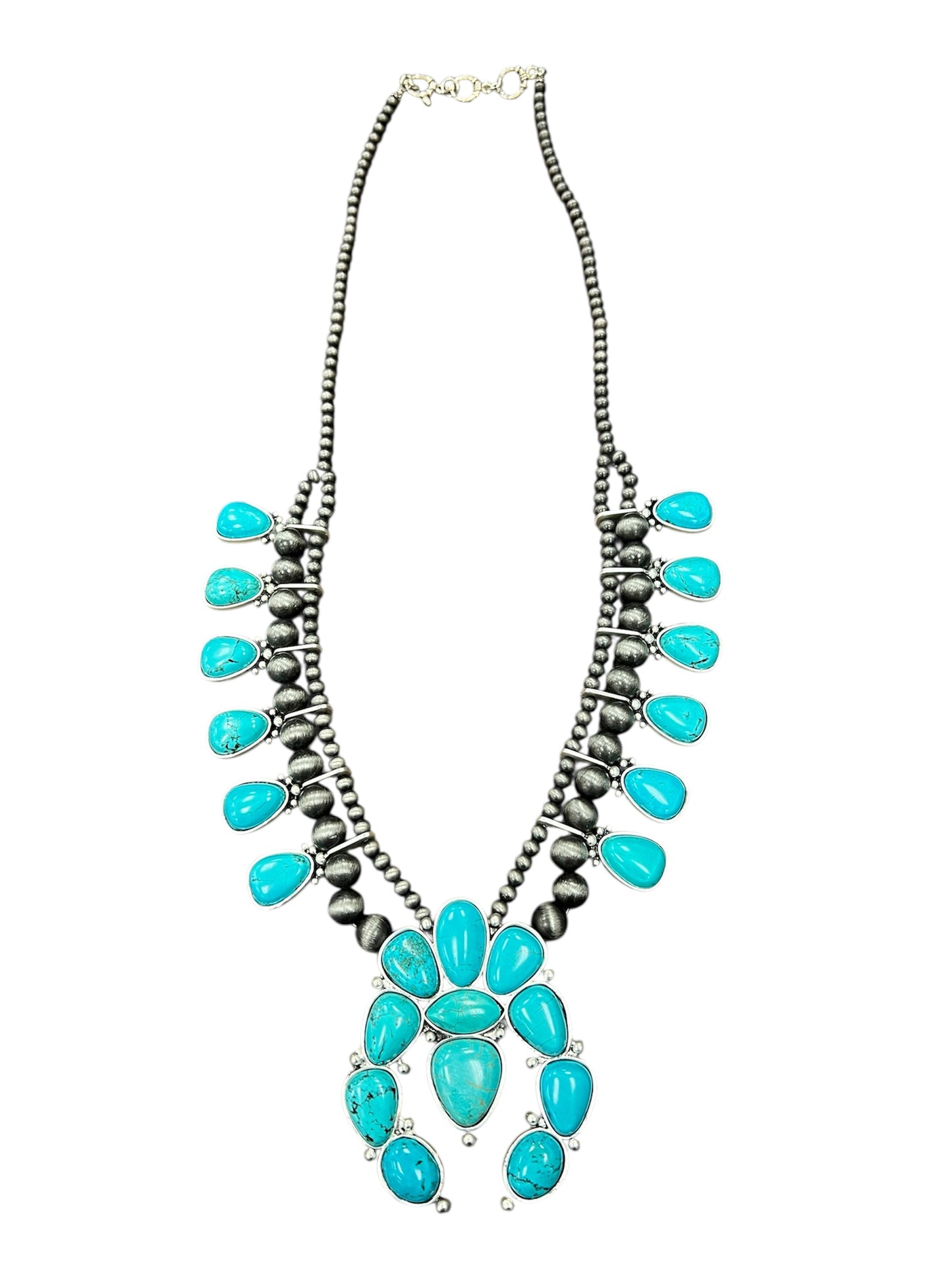 30" Handmade Full Squash Blossom Turquoise Necklace – 4mm 6mm Navajo Beads, 3.5" Pendant, Western Cowgirl Jewelry, Antique Silver Plate 731707