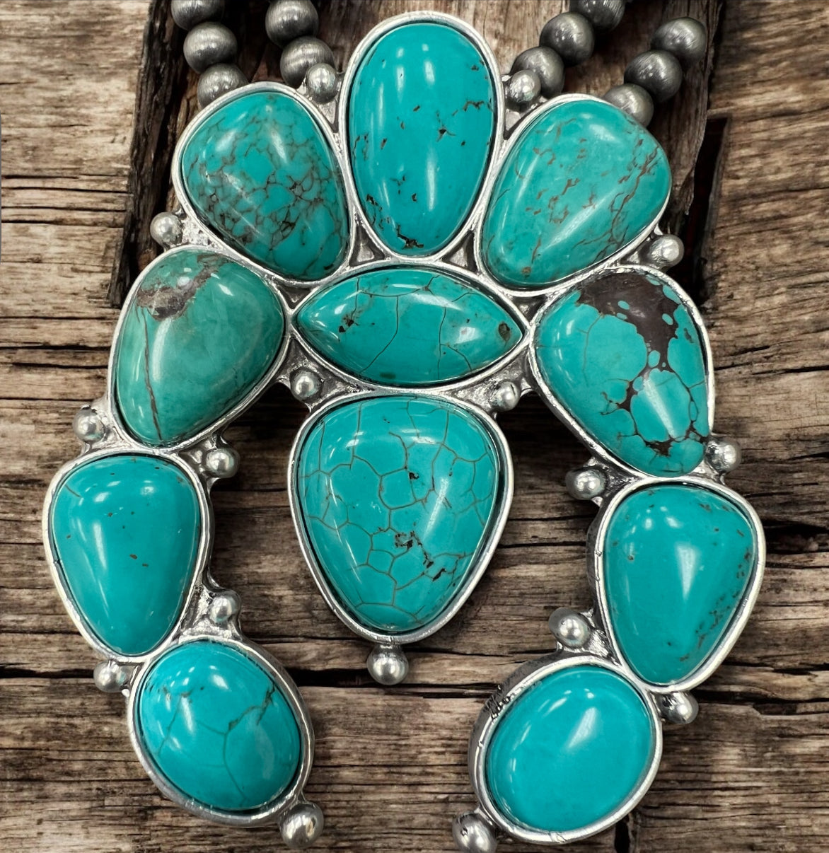 30" Handmade Full Squash Blossom Turquoise Necklace – 4mm 6mm Navajo Beads, 3.5" Pendant, Western Cowgirl Jewelry, Antique Silver Plate 731707