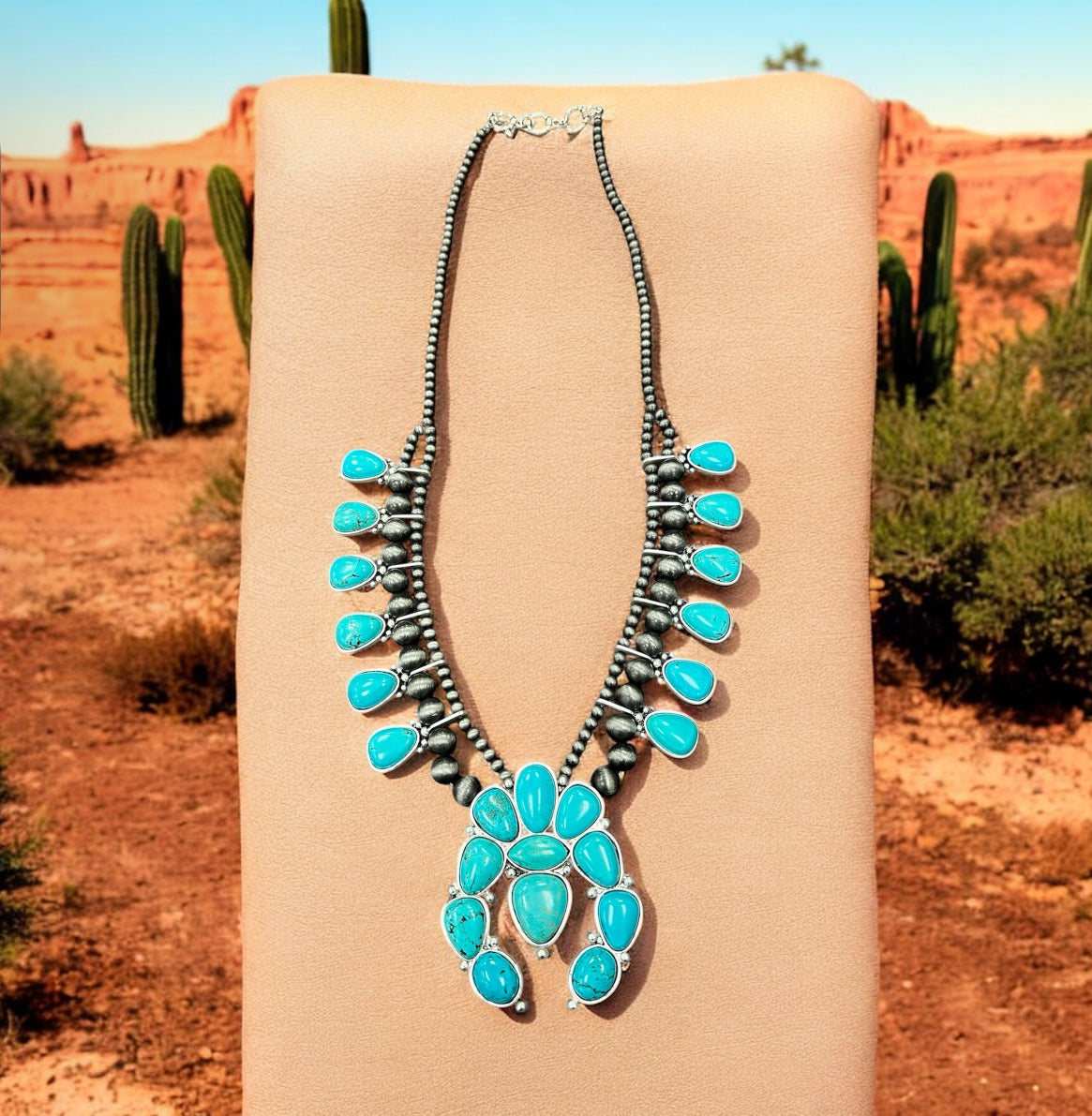 30" Handmade Full Squash Blossom Turquoise Necklace – 4mm 6mm Navajo Beads, 3.5" Pendant, Western Cowgirl Jewelry, Antique Silver Plate 731707