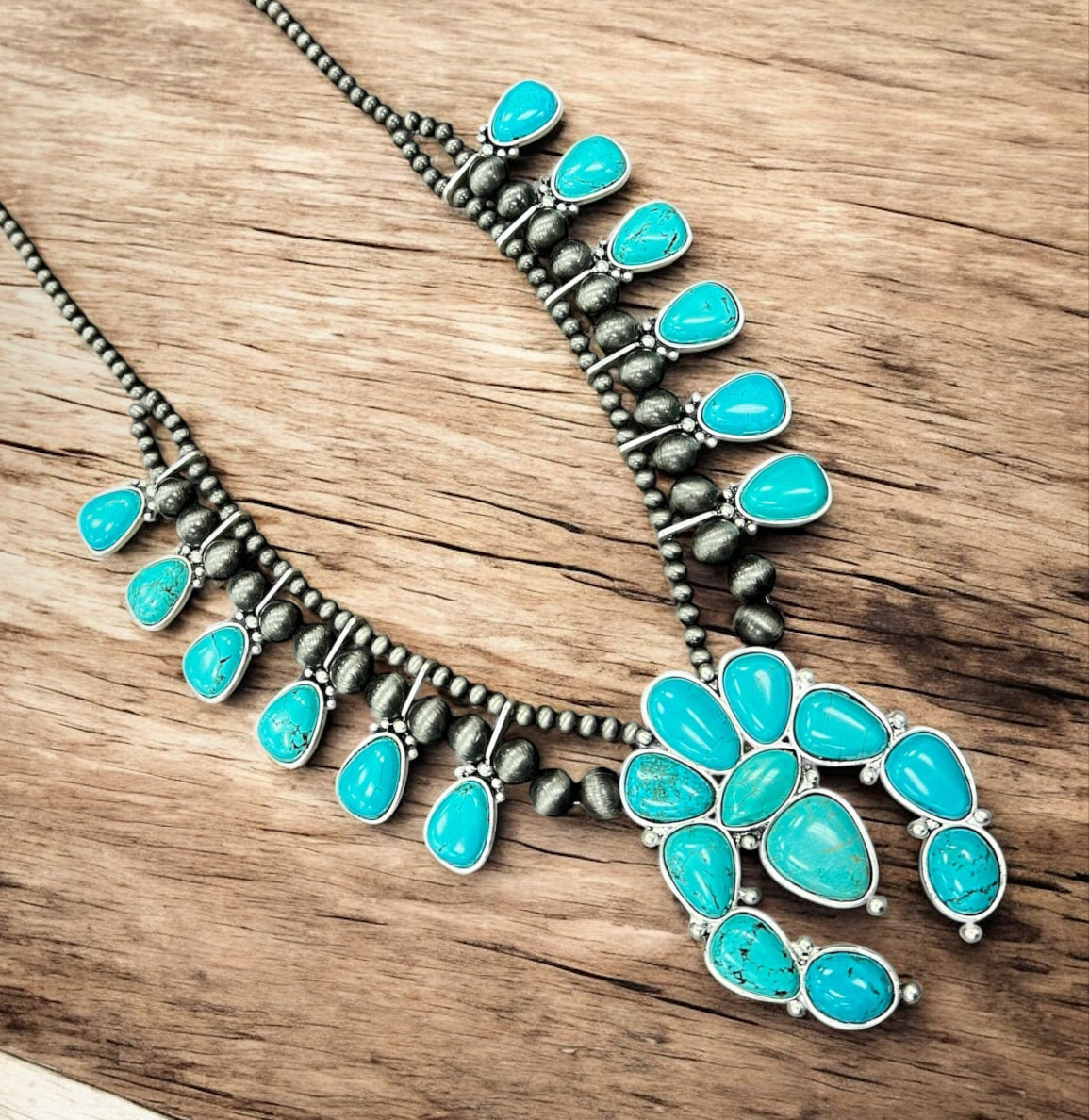 30" Handmade Full Squash Blossom Turquoise Necklace – 4mm 6mm Navajo Beads, 3.5" Pendant, Western Cowgirl Jewelry, Antique Silver Plate 731707