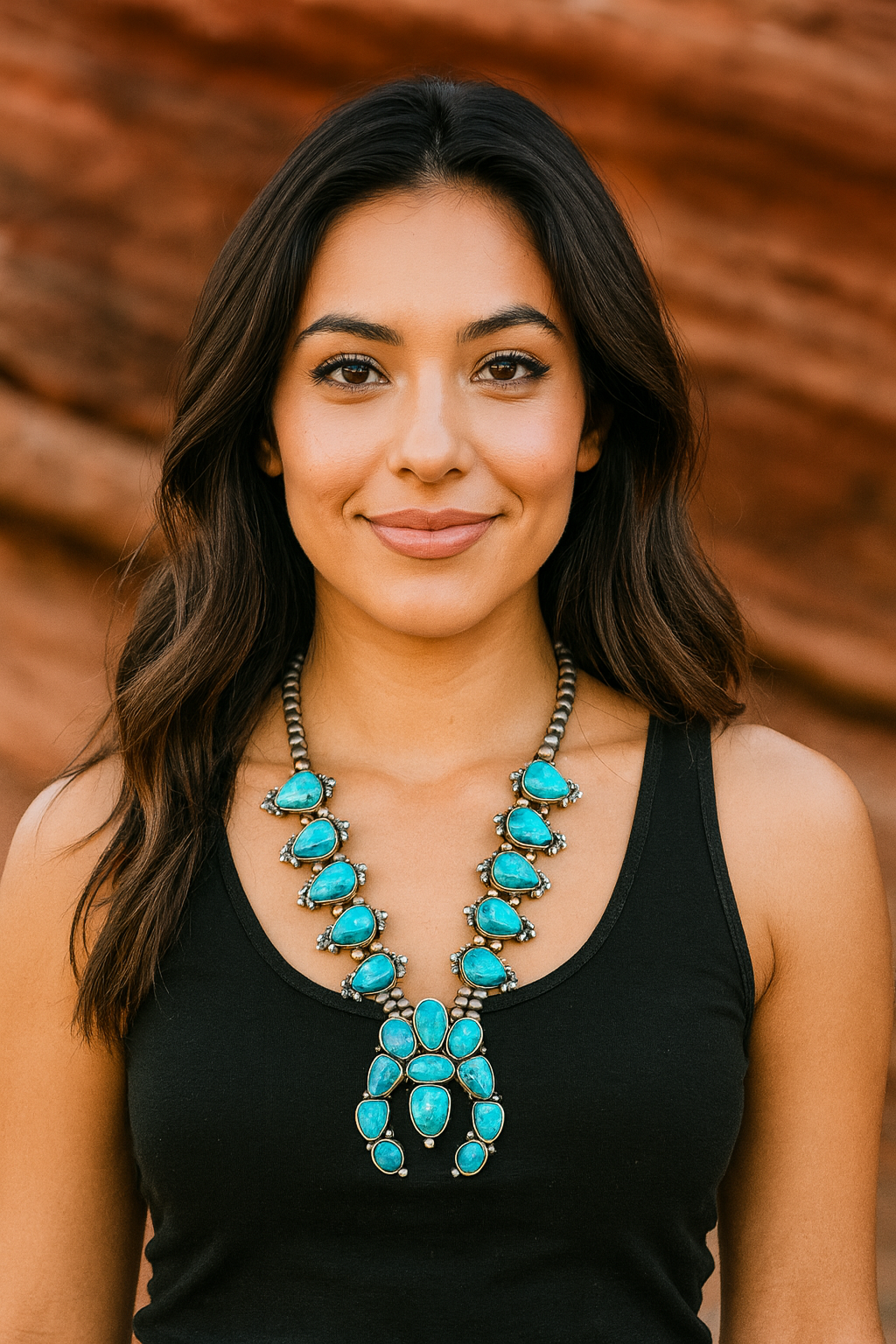 32" Handmade Very-Big Squash Blossom Turquoise Necklace – 6mm 8mm Navajo Beads, 3.5" Pendant, Western Cowgirl Jewelry, Antique Silver Plate 731725