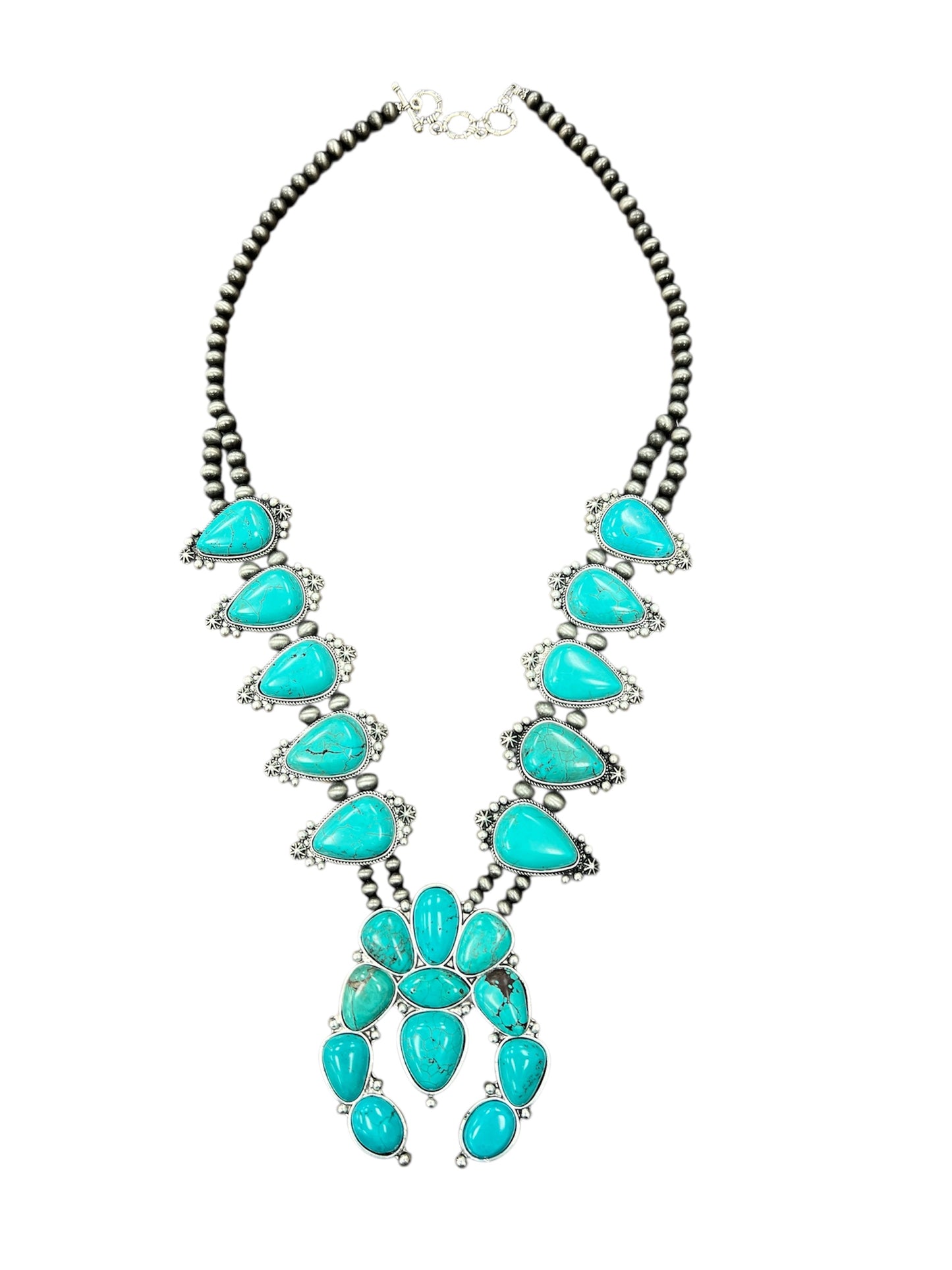 32" Handmade Very-Big Squash Blossom Turquoise Necklace – 6mm 8mm Navajo Beads, 3.5" Pendant, Western Cowgirl Jewelry, Antique Silver Plate 731725
